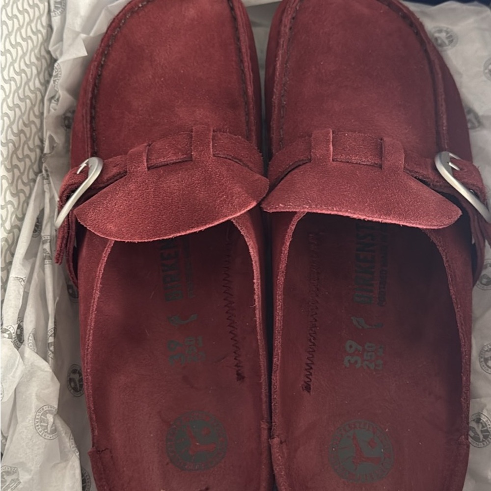 Birkenstock Women’s Suede Buckley Clogs in Burgundy with Silver Buckle Accent - Picture 4 of 5